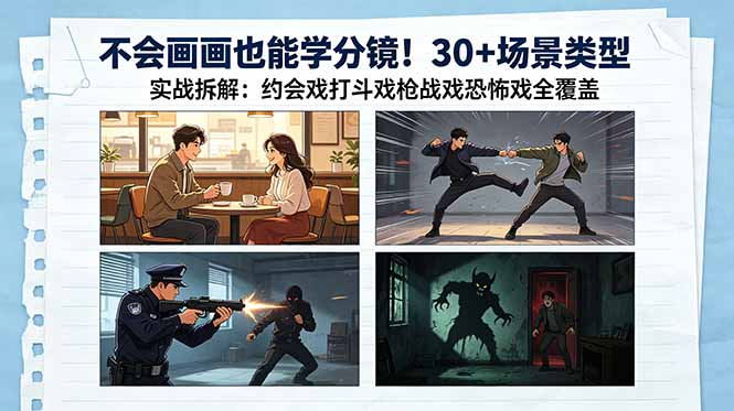 不会画画也能学分镜！30+场景类型实战拆解：约会戏打斗戏枪战戏恐怖戏全覆盖网赚库-项目库-轻创网-中创网-福缘网-冒泡网-资源之家-魔方项目库网赚库