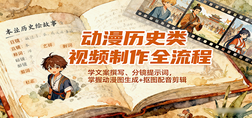 动漫历史类视频制作全流程，学文案撰写、分镜提示词，掌握动漫图生成+抠图配音剪辑网赚库-项目库-轻创网-中创网-福缘网-冒泡网-资源之家-魔方项目库网赚库
