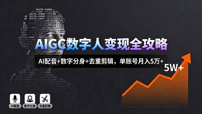 AIGC数字人变现全攻略，AI配音+数字分身+去重剪辑，单账号月入5万+网赚库-项目库-轻创网-中创网-福缘网-冒泡网-资源之家-魔方项目库网赚库