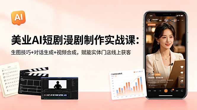 美业AI短剧漫剧制作实战课:生图技巧+对话生成+视频合成,赋能实体门店线上获客网赚库-项目库-轻创网-中创网-福缘网-冒泡网-资源之家-魔方项目库网赚库