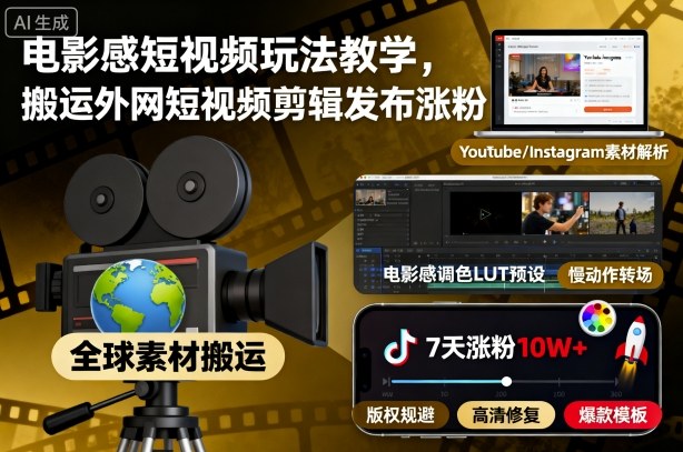 电影感短视频玩法教学，搬运外网短视频剪辑发布涨粉网赚库-项目库-轻创网-中创网-福缘网-冒泡网-资源之家-魔方项目库网赚库