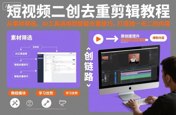 短视频二创去重剪辑教程，从素材筛选、AI工具运用到智能去重技巧，打造独一无二的内容网赚库-项目库-轻创网-中创网-福缘网-冒泡网-资源之家-魔方项目库网赚库