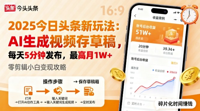 2025年今日头条躺賺新玩法，AI生成视频存草稿，每天5分钟发布，最高月1W+【揭秘】网赚库-项目库-轻创网-中创网-福缘网-冒泡网-资源之家-魔方项目库网赚库