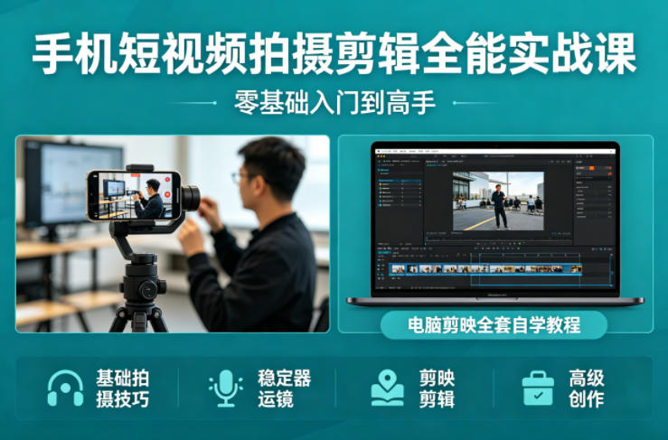 手机短视频拍摄剪辑全能实战课:零基础入门到高手,稳定器运镜+电脑剪映全套自学教程网赚库-项目库-轻创网-中创网-福缘网-冒泡网-资源之家-魔方项目库网赚库