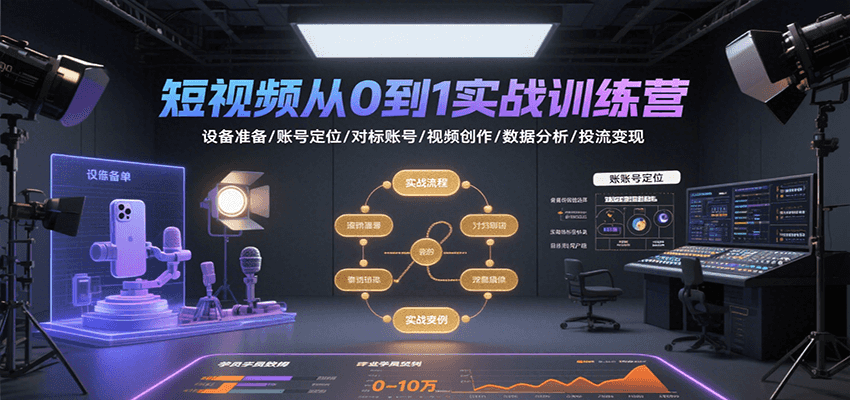 短视频从0到1实战训练营：设备准备/账号定位/对标账号/视频创作/数据分析/投流变现网赚库-项目库-轻创网-中创网-福缘网-冒泡网-资源之家-魔方项目库网赚库