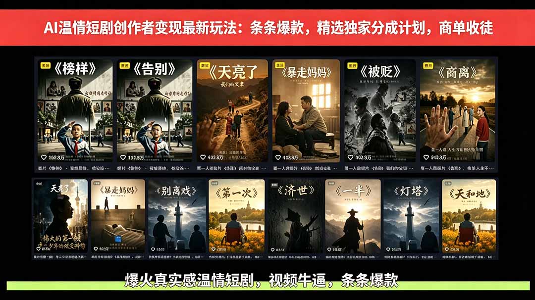 AI温情短剧创作者变现最新玩法:视频牛逼,条条爆款,精选独家分成计划,商单收徒网赚库-项目库-轻创网-中创网-福缘网-冒泡网-资源之家-魔方项目库网赚库