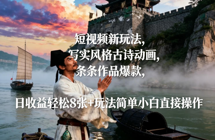 短视频新玩法，写实风格古诗动画，条条作品爆款，日收益轻松8张+玩法简单小白直接操作网赚库-项目库-轻创网-中创网-福缘网-冒泡网-资源之家-魔方项目库网赚库