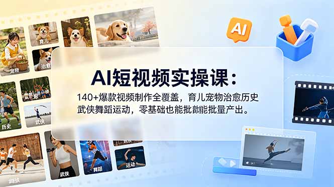 AI短视频实操课:140+爆款视频制作全覆盖,育儿宠物治愈历史武侠舞蹈运动,零基础也能批量产出网赚库-项目库-轻创网-中创网-福缘网-冒泡网-资源之家-魔方项目库网赚库