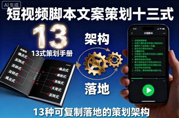 短视频脚本文案策划十三式，13种可复制落地的策划架构网赚库-项目库-轻创网-中创网-福缘网-冒泡网-资源之家-魔方项目库网赚库