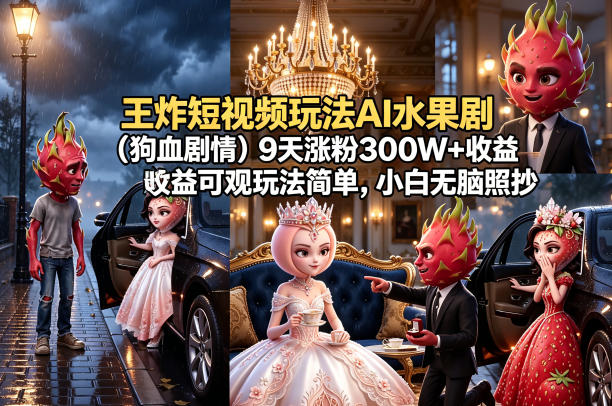 王炸短视频玩法AI水果剧(狗血剧情)9天涨粉300W+收益可观玩法简单,小白无脑照抄,详细拆解玩法网赚库-项目库-轻创网-中创网-福缘网-冒泡网-资源之家-魔方项目库网赚库