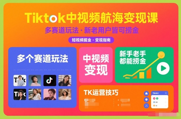 Tiktok中视频航海变现课，多个赛道玩法，新手老手都能在TK中视频捞金网赚库-项目库-轻创网-中创网-福缘网-冒泡网-资源之家-魔方项目库网赚库