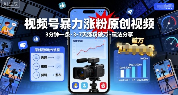 视频号暴力涨粉原创视频，3分钟一条原创视频，3-7天涨粉破万，玩法分享给你网赚库-项目库-轻创网-中创网-福缘网-冒泡网-资源之家-魔方项目库网赚库