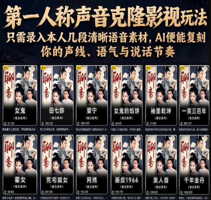 第一人称声音克隆影视玩法，只需录入本人几段清晰语音素材，AI便能复刻你的声线、语气与说话节奏网赚库-项目库-轻创网-中创网-福缘网-冒泡网-资源之家-魔方项目库网赚库