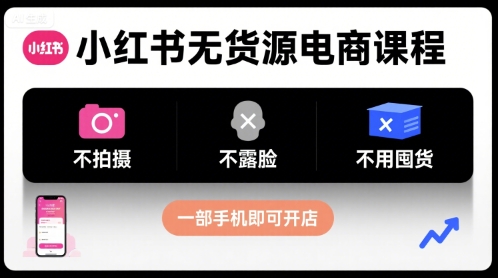 小红书无货源电商课程，不拍摄不露脸不用囤货，一部手机即可开店网赚库-项目库-轻创网-中创网-福缘网-冒泡网-资源之家-魔方项目库网赚库