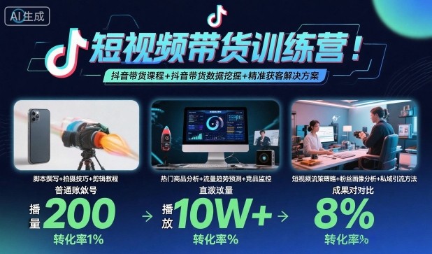 短视频带货训练营，抖音带货课程+抖音带货数据挖掘+精准获客解决方案网赚库-项目库-轻创网-中创网-福缘网-冒泡网-资源之家-魔方项目库网赚库