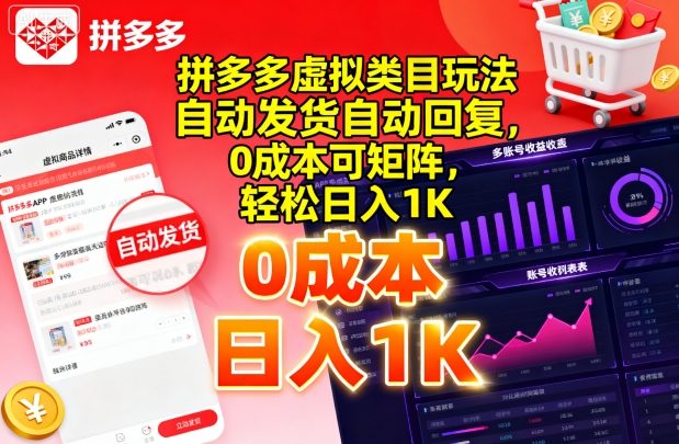拼多多虚拟类目玩法，自动发货自动回复，0成本可矩阵，轻松日入1K【揭秘】网赚库-项目库-轻创网-中创网-福缘网-冒泡网-资源之家-魔方项目库网赚库