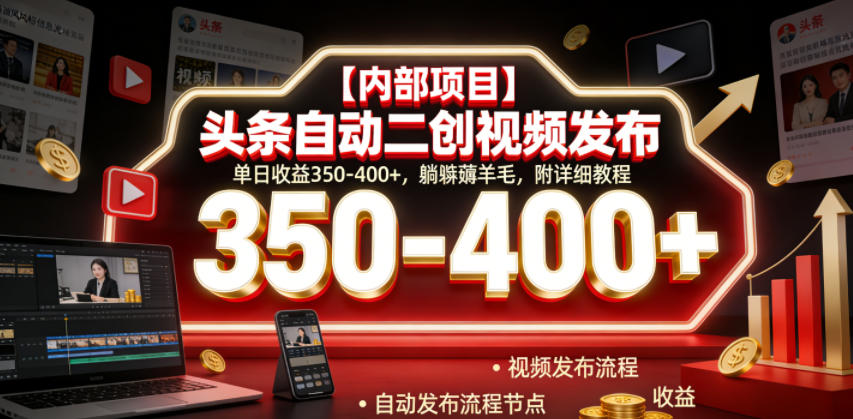 【内部项目】头条自动二创视频发布，单日收益350-400+，躺賺薅羊毛，附详细教程【揭秘】网赚库-项目库-轻创网-中创网-福缘网-冒泡网-资源之家-魔方项目库网赚库