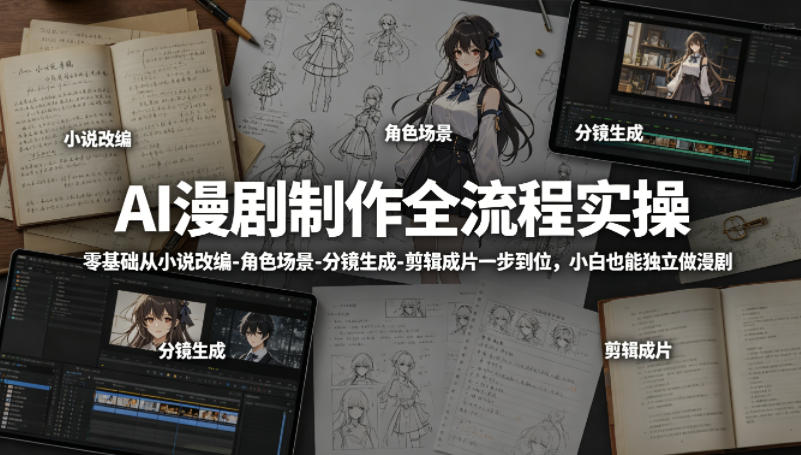 AI漫剧制作全流程实操，零基础从小说改编-角色场景-分镜生成-剪辑成片一步到位，小白也能独立做漫剧网赚库-项目库-轻创网-中创网-福缘网-冒泡网-资源之家-魔方项目库网赚库