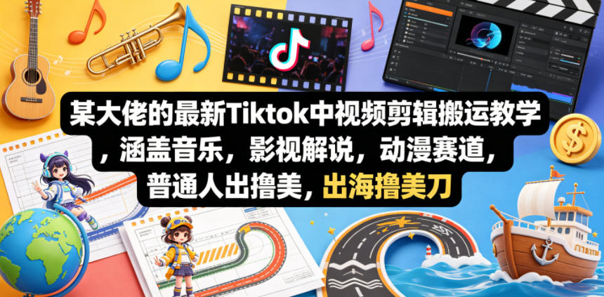 某大佬的最新Tiktok中视频剪辑搬运教学,涵盖音乐,影视解说,动漫赛道,普通人出海撸美刀网赚库-项目库-轻创网-中创网-福缘网-冒泡网-资源之家-魔方项目库网赚库