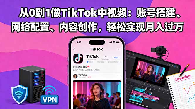 从0到1做TikTok中视频：账号搭建、网络配置、内容创作，轻松实现月入过万网赚库-项目库-轻创网-中创网-福缘网-冒泡网-资源之家-魔方项目库网赚库