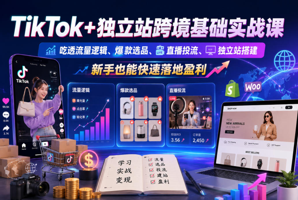 TikTok+独立站跨境基础实战课，吃透流量逻辑、爆款选品、直播投流与独立站搭建，新手也能快速落地盈利网赚库-项目库-轻创网-中创网-福缘网-冒泡网-资源之家-魔方项目库网赚库