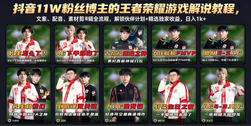 抖音11W粉丝博主的王者荣耀游戏解说教程，文案、配音、素材剪辑全流程，解锁伙伴计划+精选独家收益，日入1k+网赚库-项目库-轻创网-中创网-福缘网-冒泡网-资源之家-魔方项目库网赚库