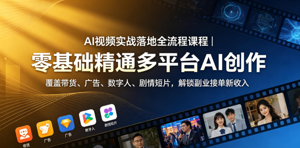 AI视频实战落地全流程课程|零基础精通多平台AI创作,覆盖带货、广告、数字人、剧情短片,解锁副业接单新收入网赚库-项目库-轻创网-中创网-福缘网-冒泡网-资源之家-魔方项目库网赚库