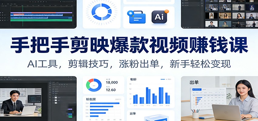 手把手剪映爆款视频赚钱课:AI工具,剪辑技巧,涨粉出单,新手轻松变现网赚库-项目库-轻创网-中创网-福缘网-冒泡网-资源之家-魔方项目库网赚库