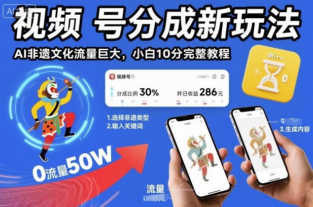 视频号分成新玩法，AI非遗文化流量巨大，小白10分钟搞定，完整教程网赚库-项目库-轻创网-中创网-福缘网-冒泡网-资源之家-魔方项目库网赚库