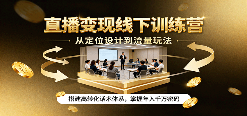 直播变现线下训练营，从定位设计到流量玩法，搭建高转化话术体系，掌握年入千万密码网赚库-项目库-轻创网-中创网-福缘网-冒泡网-资源之家-魔方项目库网赚库