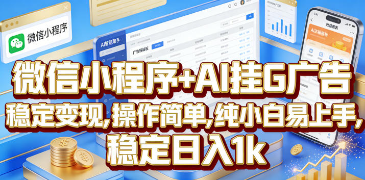 微信小程序+AI挂G广告，稳定变现，操作简单，纯小白易上手，稳定日入1k【揭秘】网赚库-项目库-轻创网-中创网-福缘网-冒泡网-资源之家-魔方项目库网赚库