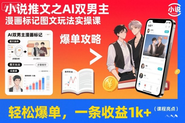 小说推文之AI双男主漫画标记图文玩法实操课，轻松爆单，一条收益1k+网赚库-项目库-轻创网-中创网-福缘网-冒泡网-资源之家-魔方项目库网赚库