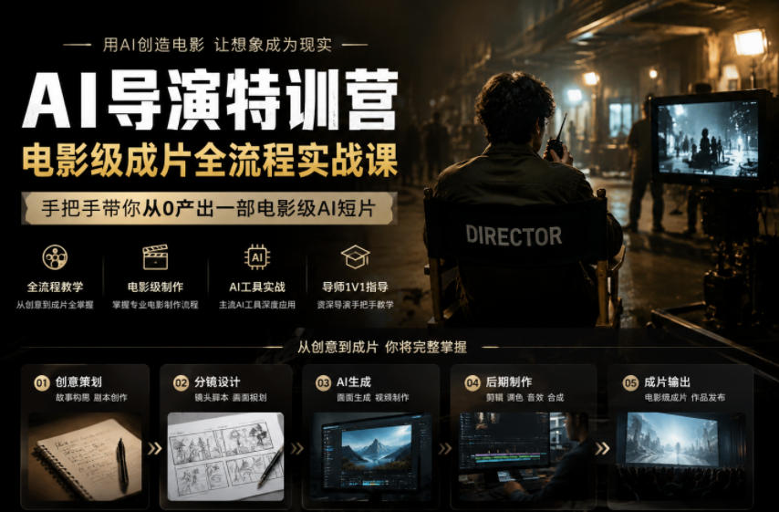 AI导演特训营，电影级成片全流程实战课，手把手带你从0产出一部电影级AI短片网赚库-项目库-轻创网-中创网-福缘网-冒泡网-资源之家-魔方项目库网赚库