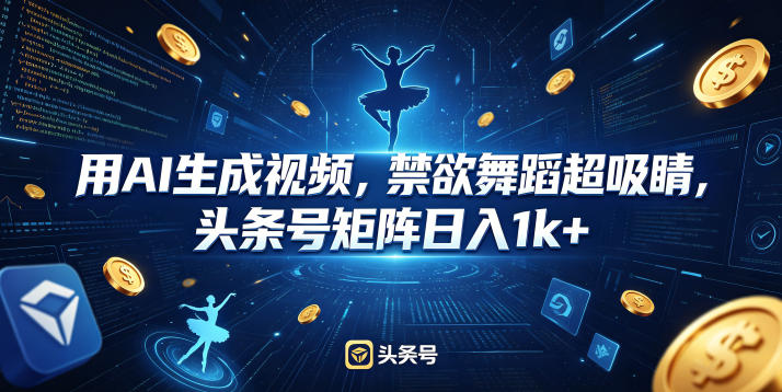 用AI生成视频,禁欲舞蹈超吸睛,头条号矩阵日入1k+网赚库-项目库-轻创网-中创网-福缘网-冒泡网-资源之家-魔方项目库网赚库