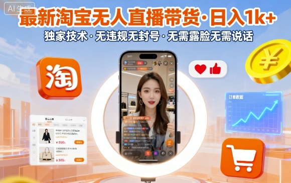 最新淘宝无人直播带货，日入1k+，独家技术，无违规无封号，无需露脸无需说话【揭秘】网赚库-项目库-轻创网-中创网-福缘网-冒泡网-资源之家-魔方项目库网赚库