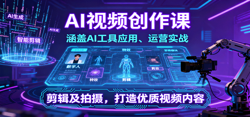 AI视频创作课，涵盖AI工具应用、运营实战、剪辑及拍摄，打造优质视频内容网赚库-项目库-轻创网-中创网-福缘网-冒泡网-资源之家-魔方项目库网赚库