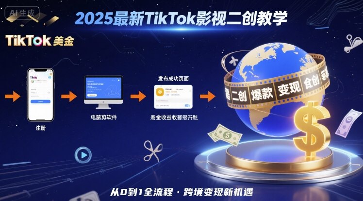 2025年最新TikTok影视二创教学，从注册到发布撸美金全流程，跨境变现新机遇网赚库-项目库-轻创网-中创网-福缘网-冒泡网-资源之家-魔方项目库网赚库