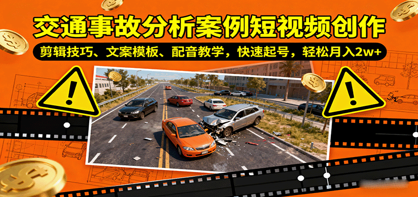 交通事故分析案例短视频创作，剪辑技巧、文案模板、配音教学，快速起号，轻松月入2w+网赚库-项目库-轻创网-中创网-福缘网-冒泡网-资源之家-魔方项目库网赚库