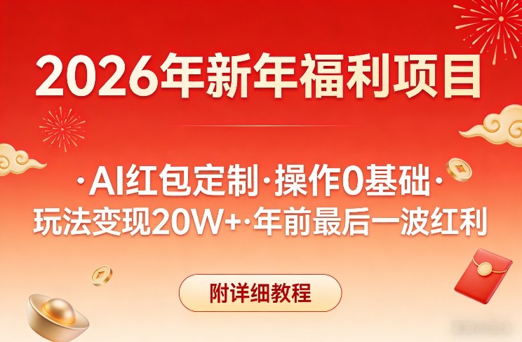 新年福利项目，AI红包定制，操作0基础，玩法变现20W+年前最后一波红利，附详细教程网赚库-项目库-轻创网-中创网-福缘网-冒泡网-资源之家-魔方项目库网赚库