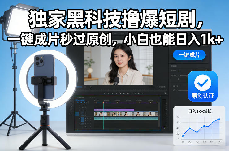 独家黑科技撸爆短剧，一键成片秒过原创，小白也能日入1k+【揭秘】网赚库-项目库-轻创网-中创网-福缘网-冒泡网-资源之家-魔方项目库网赚库