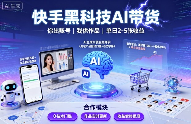 快手黑科技AI带货，你提供账号，我提供作品并发布，单日2-5张【揭秘】网赚库-项目库-轻创网-中创网-福缘网-冒泡网-资源之家-魔方项目库网赚库