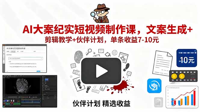 AI大案纪实短视频制作课，文案生成+剪辑教学+伙伴计划，单条收益7-10元网赚库-项目库-轻创网-中创网-福缘网-冒泡网-资源之家-魔方项目库网赚库