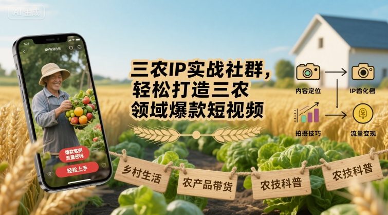 三农IP实战社群，轻松打造三农领域爆款短视频网赚库-项目库-轻创网-中创网-福缘网-冒泡网-资源之家-魔方项目库网赚库