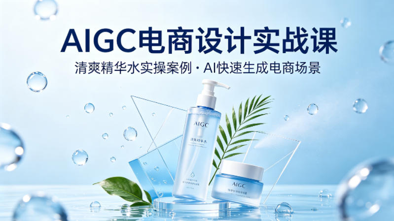 AIGC电商设计实战课，以清爽精华水为实操案例，教你用AI快速生成电商场景网赚库-项目库-轻创网-中创网-福缘网-冒泡网-资源之家-魔方项目库网赚库