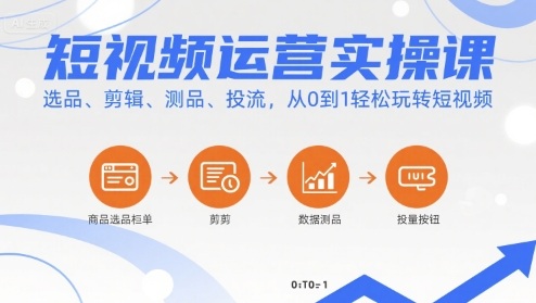 短视频运营实操课，选品、剪辑、测品、投流，从0到1轻松玩转短视频网赚库-项目库-轻创网-中创网-福缘网-冒泡网-资源之家-魔方项目库网赚库