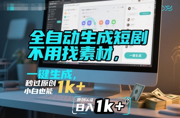 全自动生成短剧，不用找素材，不用剪辑，一键生成，秒过原创，小白也能轻松日入1k+【揭秘】网赚库-项目库-轻创网-中创网-福缘网-冒泡网-资源之家-魔方项目库网赚库