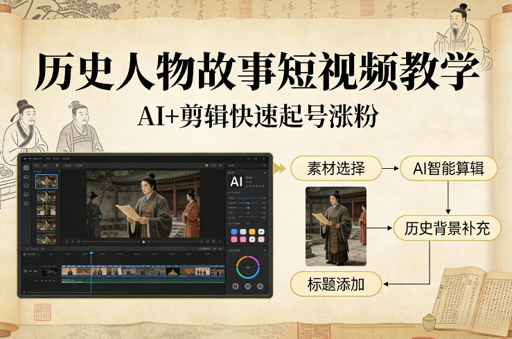 历史人物故事短视频教学，AI+剪辑制作历史人物题材短视频，快速起号涨粉网赚库-项目库-轻创网-中创网-福缘网-冒泡网-资源之家-魔方项目库网赚库