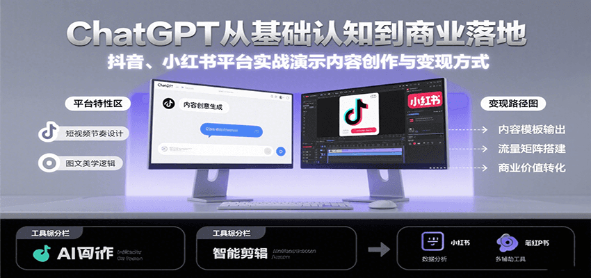 ChatGPT从基础认知到商业落地，实战演示抖音、小红书等平台的内容创作与变现网赚库-项目库-轻创网-中创网-福缘网-冒泡网-资源之家-魔方项目库网赚库