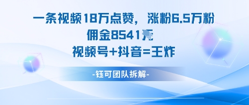 一条视频18W点赞，涨粉6.5W粉佣金8541米，视频号+抖音=王炸网赚库-项目库-轻创网-中创网-福缘网-冒泡网-资源之家-魔方项目库网赚库