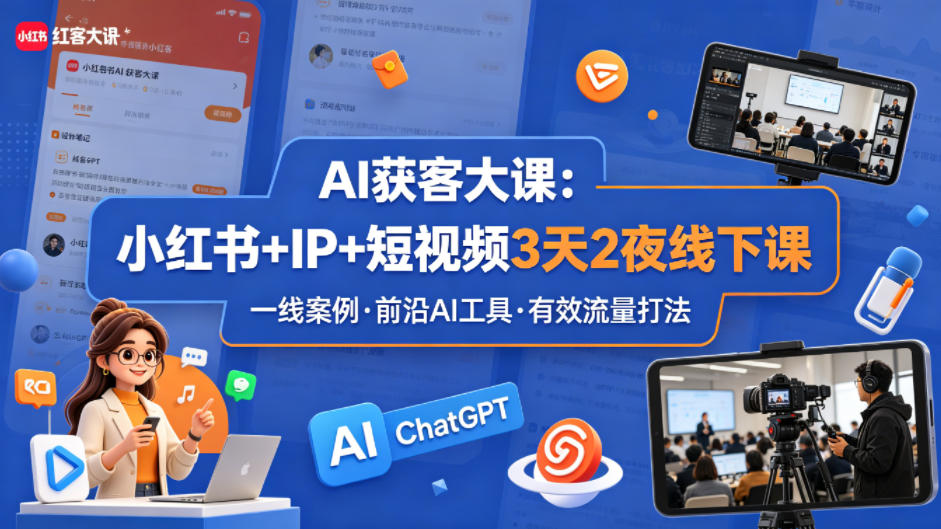 AI获客大课小红书+IP+短视频3天2夜线下课,用最真实的一线案例,最前沿的AI工具,最有效的流量打法网赚库-项目库-轻创网-中创网-福缘网-冒泡网-资源之家-魔方项目库网赚库
